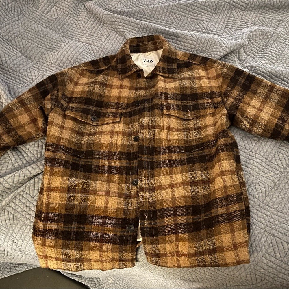 Zara Tan and Brown Plaid Shirt Jacket